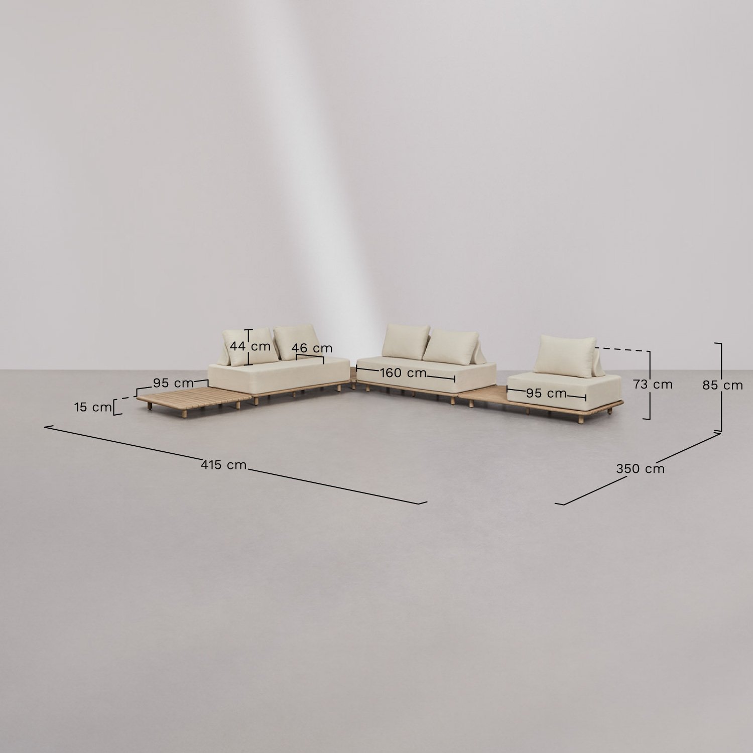Salon de jardin avec canapé d'angle modulable 4 pièces avec table d'appoint et table basse 95x95 cm en acacia Portet, mesures