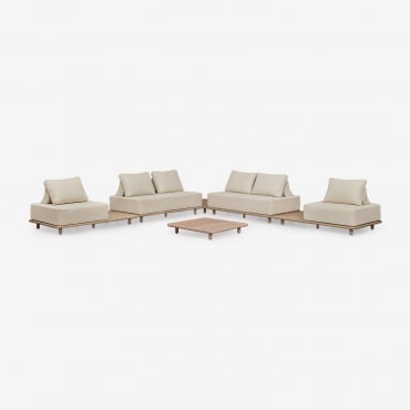 Salon De Jardin Avec Canapé D'angle Modulable 4 Pièces Avec Tables D'appoint Et Table Basse 95x95 Cm En Acacia Portet Blanc Gardenia - Sklum