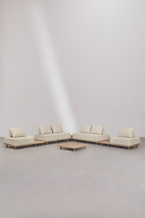 Ensemble de salon avec canapé d'angle modulaire 4 pièces avec tables d'appoint et table basse 95x95 cm en acacia Portet