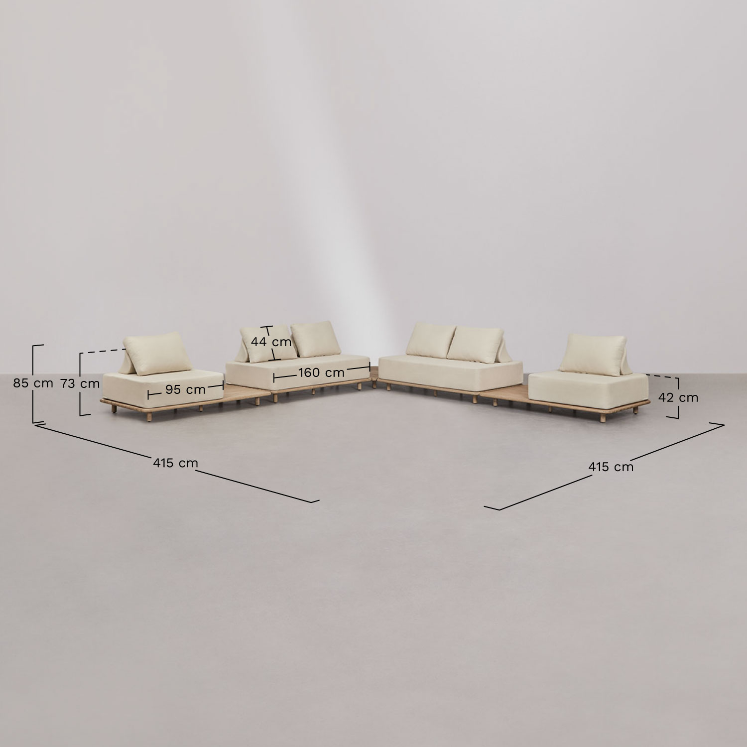 Ensemble de salon avec canapé d'angle modulaire 4 pièces avec tables d'appoint et table basse 95x95 cm en acacia Portet, mesures