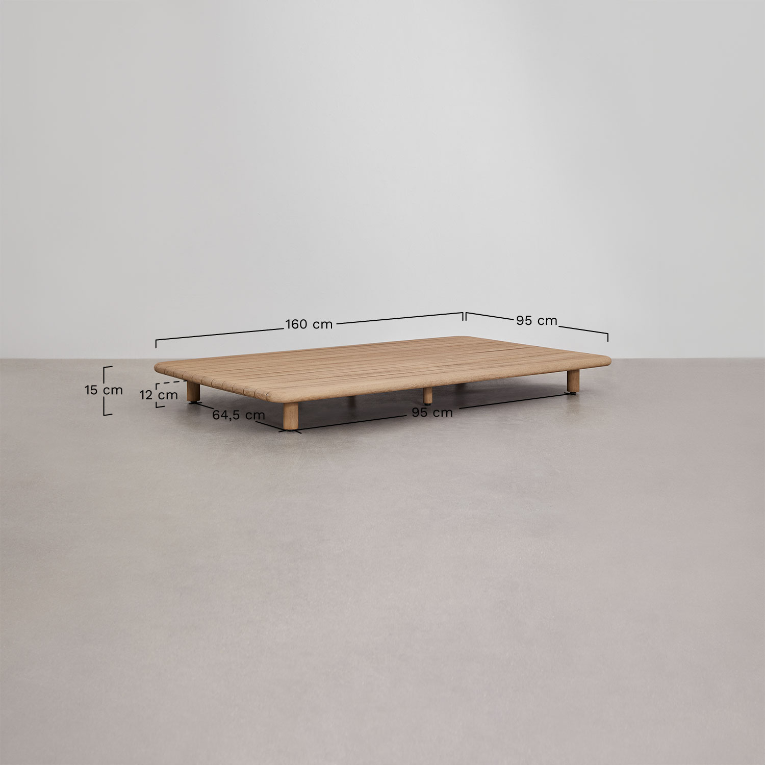 Ensemble de salon avec canapé modulaire 4 pièces, table d'appoint et table basse 160x95 cm en acacia Portet, mesures