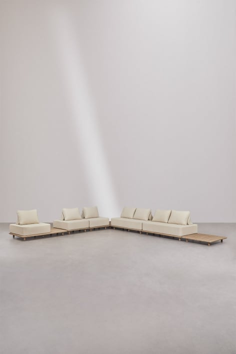 Ensemble de salon avec canapé d'angle modulaire de 5 pièces avec table d'appoint et table d'appoint 95x95 cm en acacia Portet