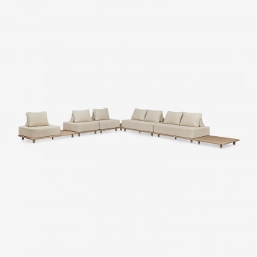 Ensemble De Salon Avec Canapé D'angle Modulaire De 5 Pièces Avec Table D'appoint Et Table D'appoint 95x95 Cm En Acacia Portet Blanc Gardenia - Sklum
