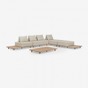 Ensemble De Salon Avec Canapé Modulable 4 Pièces Chaise Longue Avec Table D'appoint Et Table Basse 160x95 Cm En Acacia Portet Blanc Gardenia - Sklum