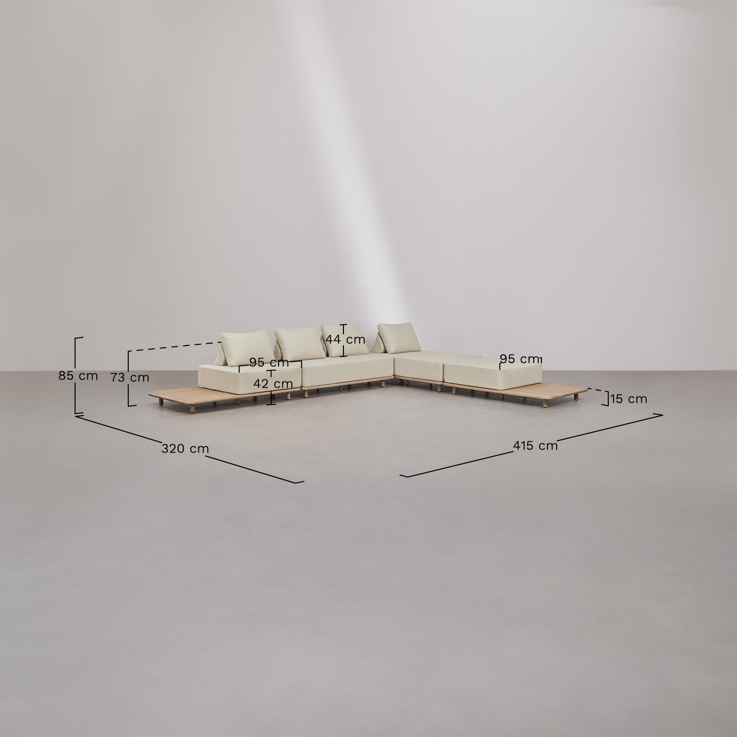 Ensemble de salon avec canapé modulable 4 pièces chaise longue avec table d'appoint et table basse 160x95 cm en acacia Portet, mesures