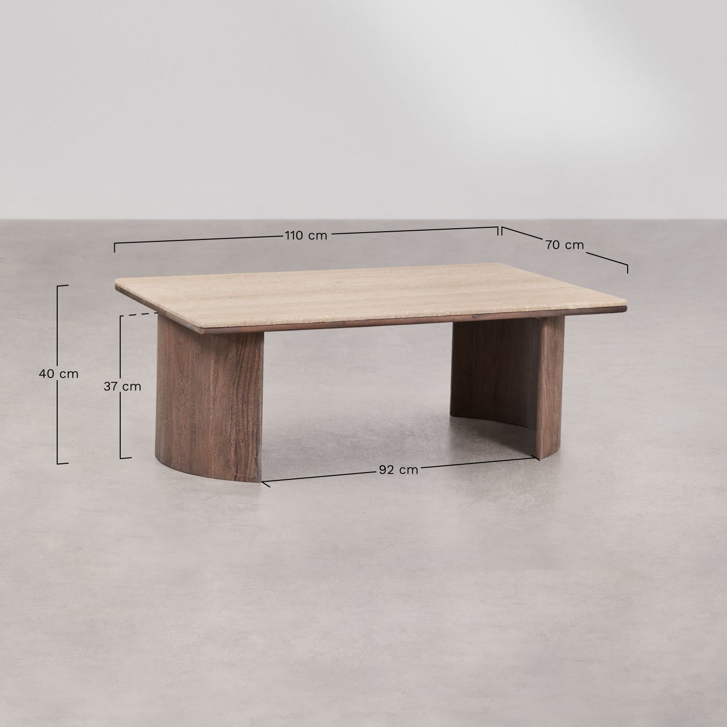 Table basse rectangulaire 110x70 cm en travertin et bois d'acacia Casilda , mesures