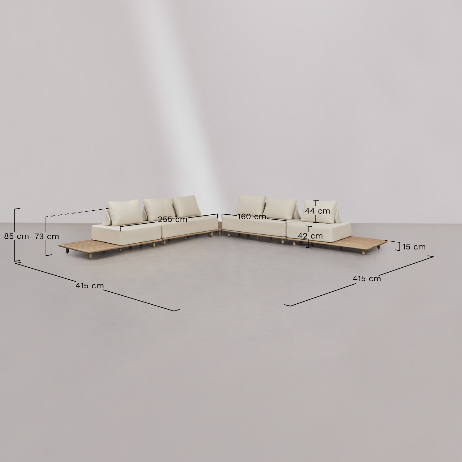 Ensemble de salon avec canapé d'angle modulaire 4 pièces avec table d'appoint et table basse 160x95 cm en acacia Portet, mesures