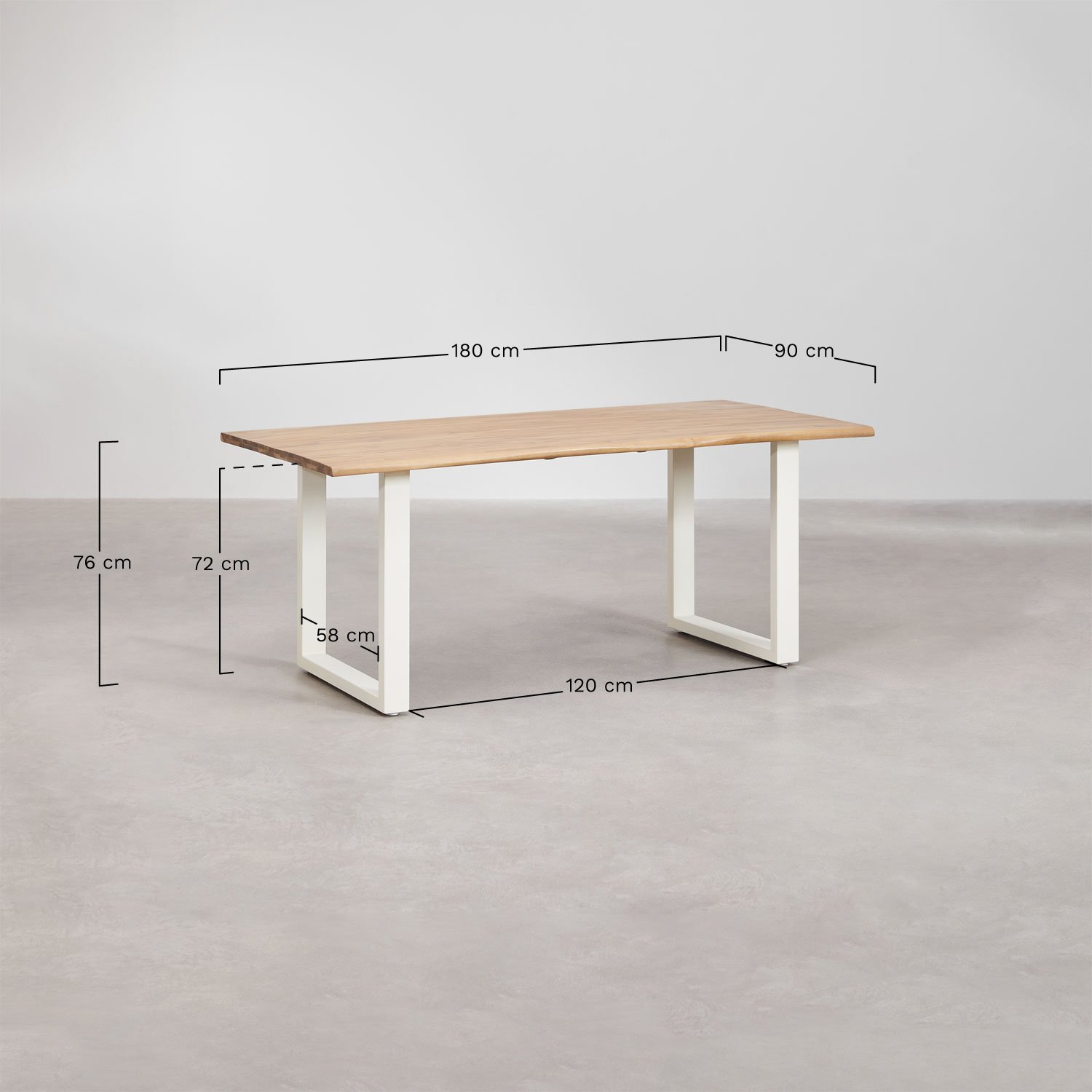 Ensemble table rectangulaire 180x90 cm en bois d'acacia et acier Maupi et 6 chaises de jardin en rotin synthétique Gouda Natural, mesures