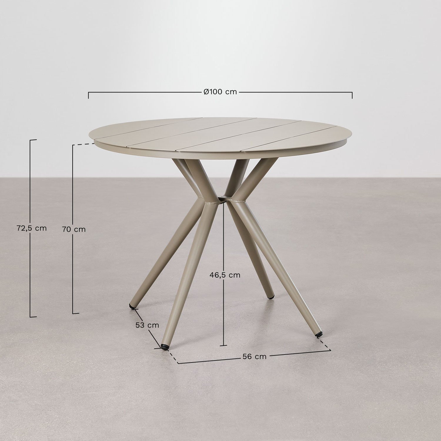 Set de table ronde Ø100 cm Valerie et 4 chaises de jardin avec accoudoirs en aluminium Alberta, mesures