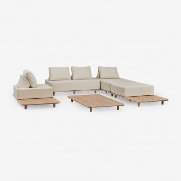 Ensemble De Salon Avec Canapé Modulable 3 Pièces, Méridienne, Table D'appoint, Fauteuil Et Table Basse 160x95 Cm En Acacia Porte Blanc Gardenia -