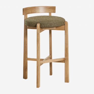 Lot De 2 Tabourets Hauts En Bois De Chêne Et Revêtement Manille Bois Naturel & ↑75 Cm & Bouclé Vert Militaire - Sklum