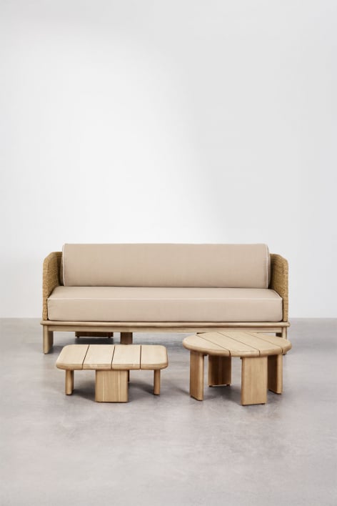 Ensemble de salon avec un canapé 3 places et 2 tables basses en rotin et bois d'acacia Famara