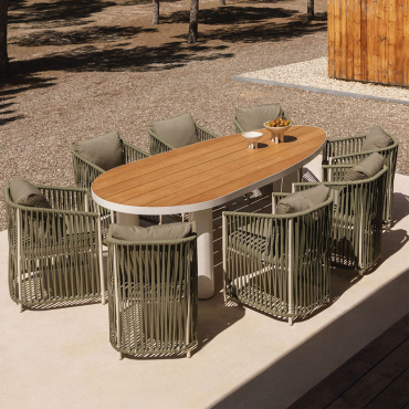 Ensemble De Table Ovale Taneli, 260x110 Cm, En Aluminium Et Bois De Teck, Et 10 Chaises De Jardin Sophie, En Aluminium Et Corde Vert Militaire Clair -