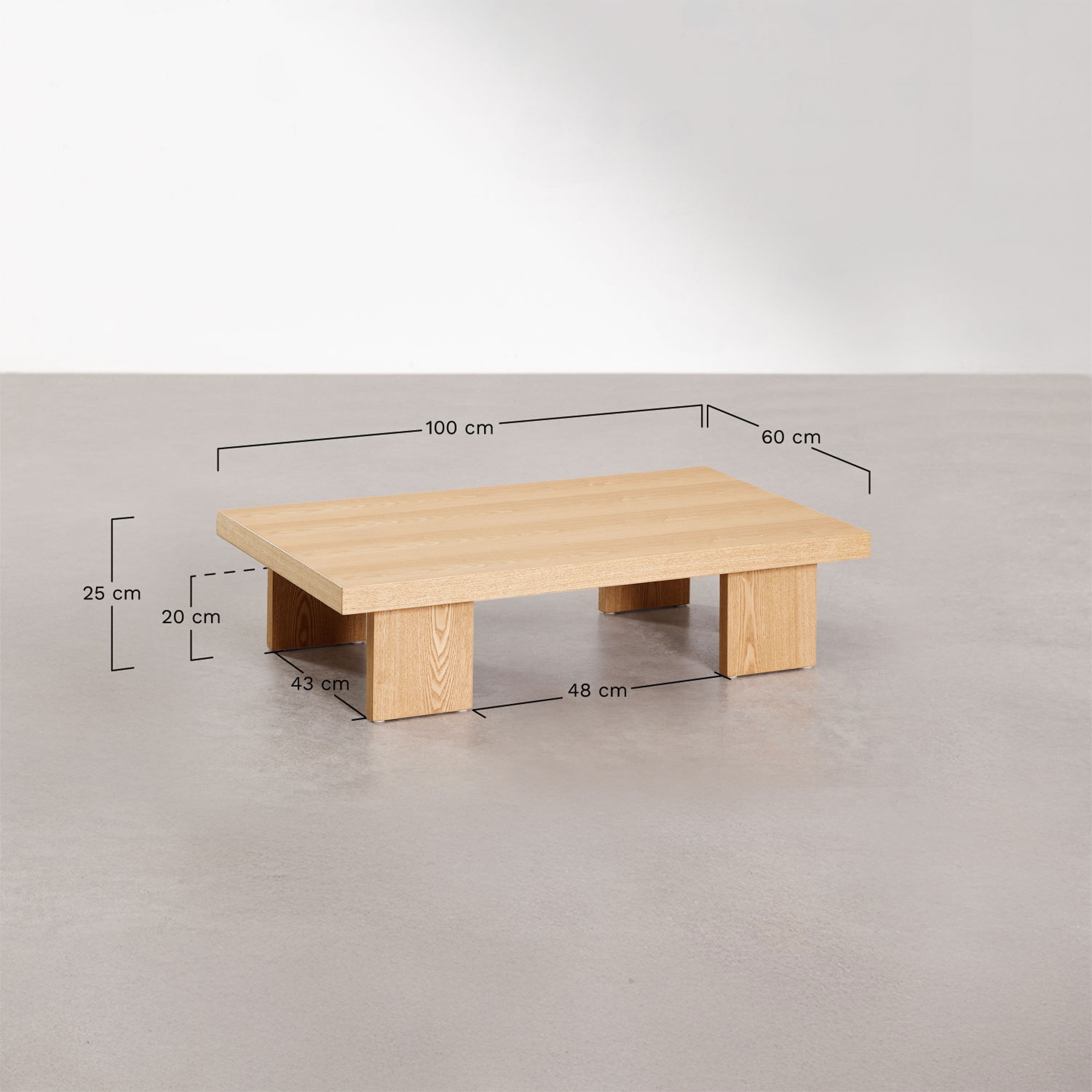 Table basse rectangulaire 100x60 cm en MDF et placage Bernay, mesures