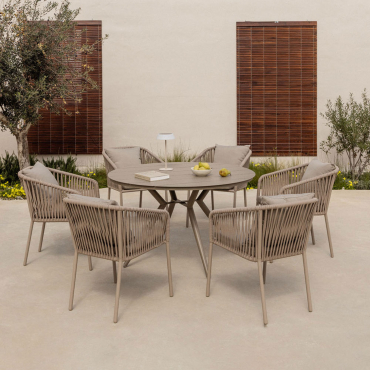 Ensemble Table Ronde Valerie, Ø125 Cm, Et 6 Chaises De Jardin Arhiza Classic En Aluminium Avec Accoudoirs Brun Moka - Sklum