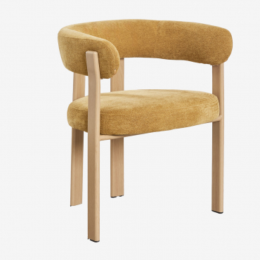 Pack De 4 Chaises De Salle À Manger Avec Accoudoirs En Tissu Chenille Jolie Marron Bois Naturel & Tissu Chenille Moutarde - Sklum