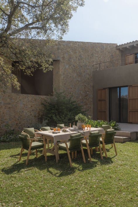 Set de table rectangulaire extensible 200-260-320x100 cm et 8 chaises de jardin avec accoudoirs en bois d'acacia Dubai - Tissu Vert Militaire