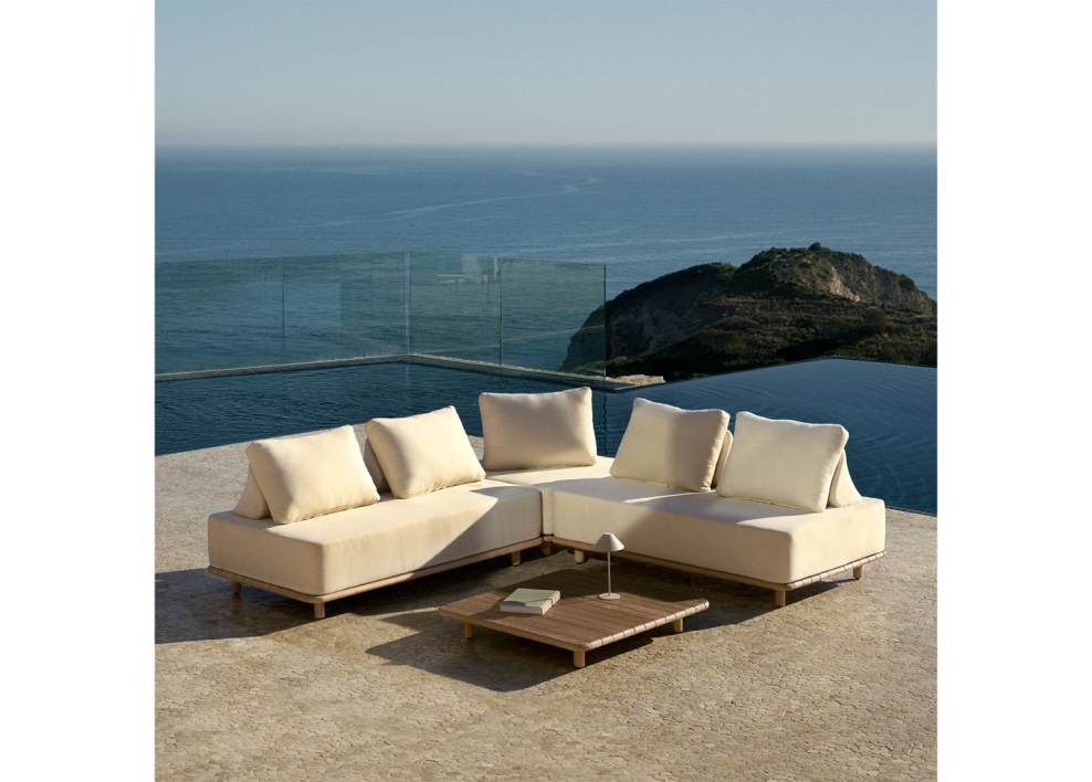Ensemble de jardin avec canapé d'angle modulaire 3 pièces et table basse 95x95 cm en acacia Portet