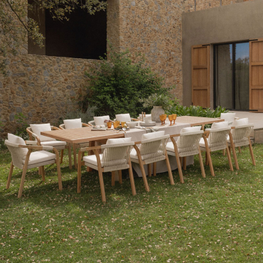 Ensemble Table Rectangulaire Extensible 200-260-320x100 Cm Et 12 Chaises De Jardin Avec Accoudoirs En Bois D'acacia De Dubaï Blanc Gardenia & - Sklum