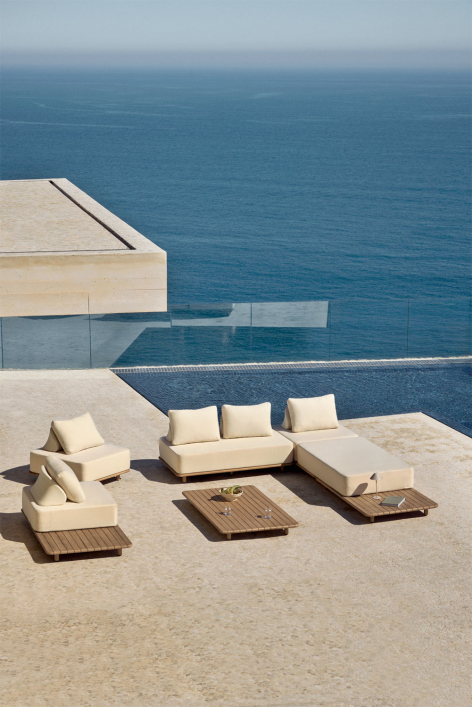 Salon de jardin avec canapé modulable 3p chaise longue, table d'appoint, 2 fauteuils et table basse 160x95 cm acacia Portet - Acacia Marron Clair