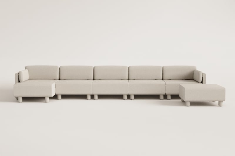 Canapé modulable 5 pièces avec méridienne gauche et pouf en tissu bouclé Artemisa