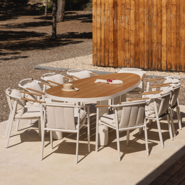 Ensemble De Table Ovale Taneli, 260x110 Cm, En Aluminium Et Bois De Teck, Et 10 Chaises De Jardin Yervin, En Aluminium Et Tissu Bois De Teck - Sklum