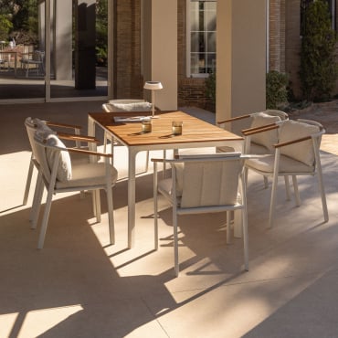 Ensemble Table Rectangulaire Katiana, 160x90 Cm, En Aluminium Et Bois De Teck, Et 6 Chaises De Jardin Yervin, En Aluminium Et Ti Blanc - Sklum