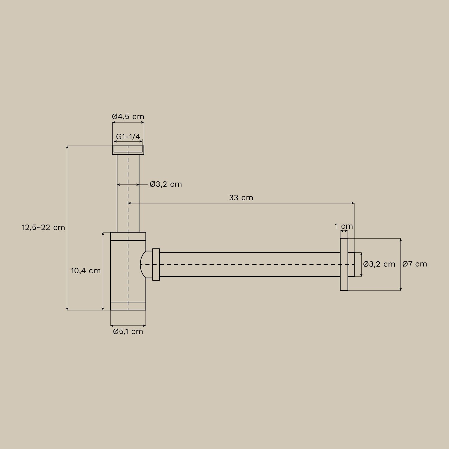 Ensemble de siphon d'évier et robinet de vidange Bibur en inox pour évier Orveta type Click-Clack, mesures