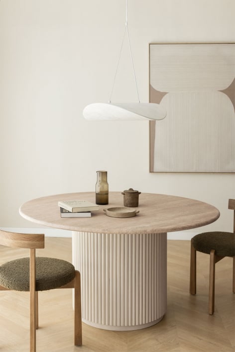 Table à manger ronde Giselda en pierre naturelle et bois de manguier - Travertine