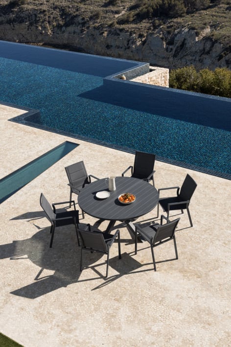 Set de table extensible 145-200x145 cm Barces et 6 chaises de jardin empilables avec accoudoirs en aluminium Karena