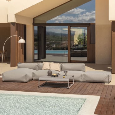 Ensemble De Jardin Porto Avec Canapé Méridienne Modulable 3 Pièces, Pouf Et Table Basse Brun Moka - Sklum