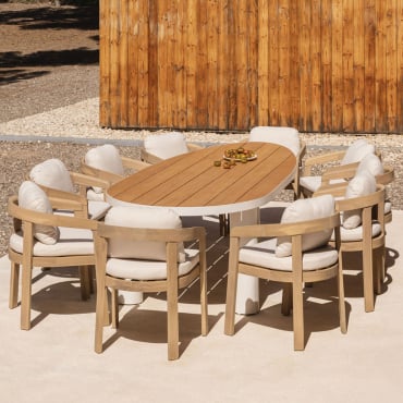 Ensemble De Table Ovale Taneli, 260x110 Cm, En Aluminium Et Bois De Teck, Et 10 Chaises De Jardin En Bois D'acacia Uleno. Bois De Teck - Sklum