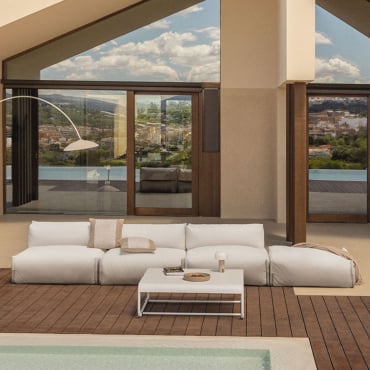 Ensemble De Jardin Avec Canapé Modulable 3 Pièces, Pouf Et Table Basse Oporto Tapioca Beige - Sklum