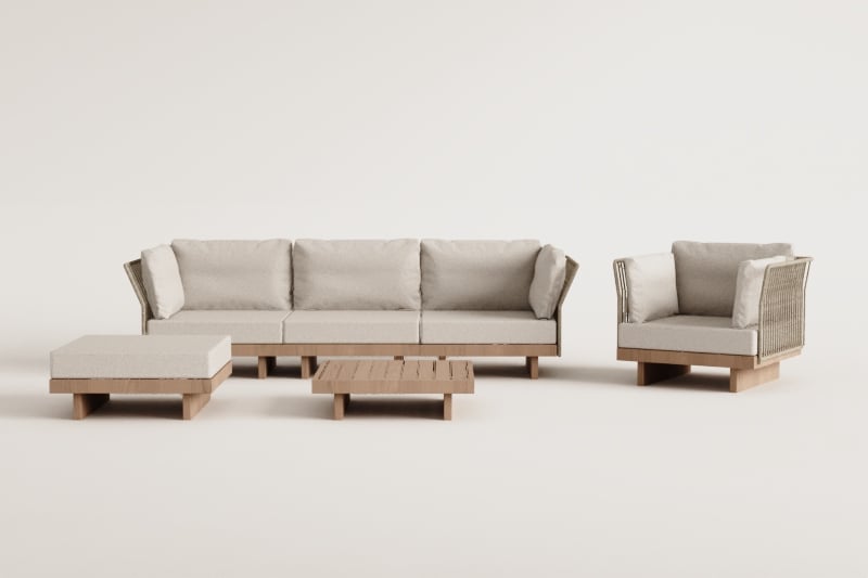 Ensemble de canapé de jardin modulable Dailin 3 pièces avec 2 chaises d'angle, table basse, fauteuil et pouf en bois d'acacia