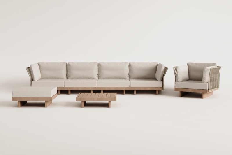 Ensemble de canapé de jardin modulable Dailin 4 pièces avec 2 chaises d'angle, table basse, fauteuil et pouf en bois d'acacia