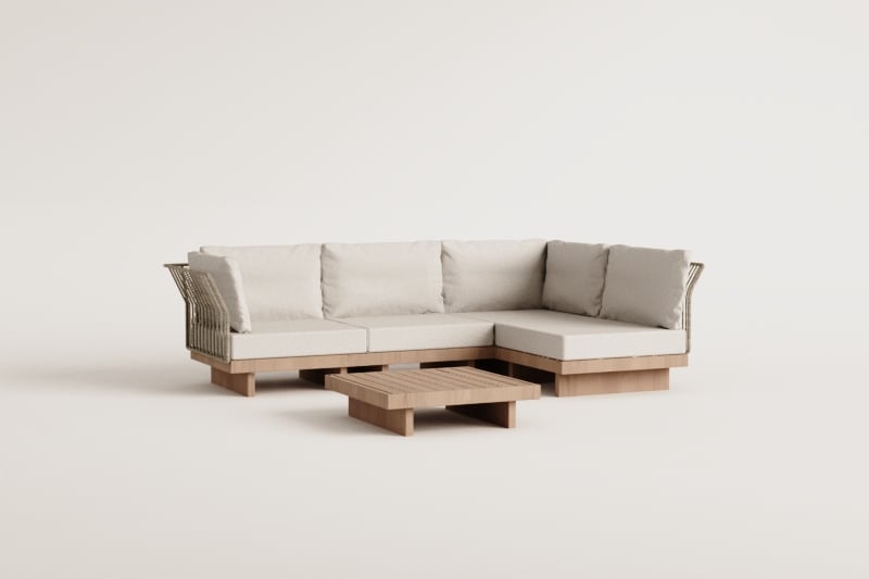 Canapé d'angle modulable 4 pièces Dailin et table basse en bois d'acacia