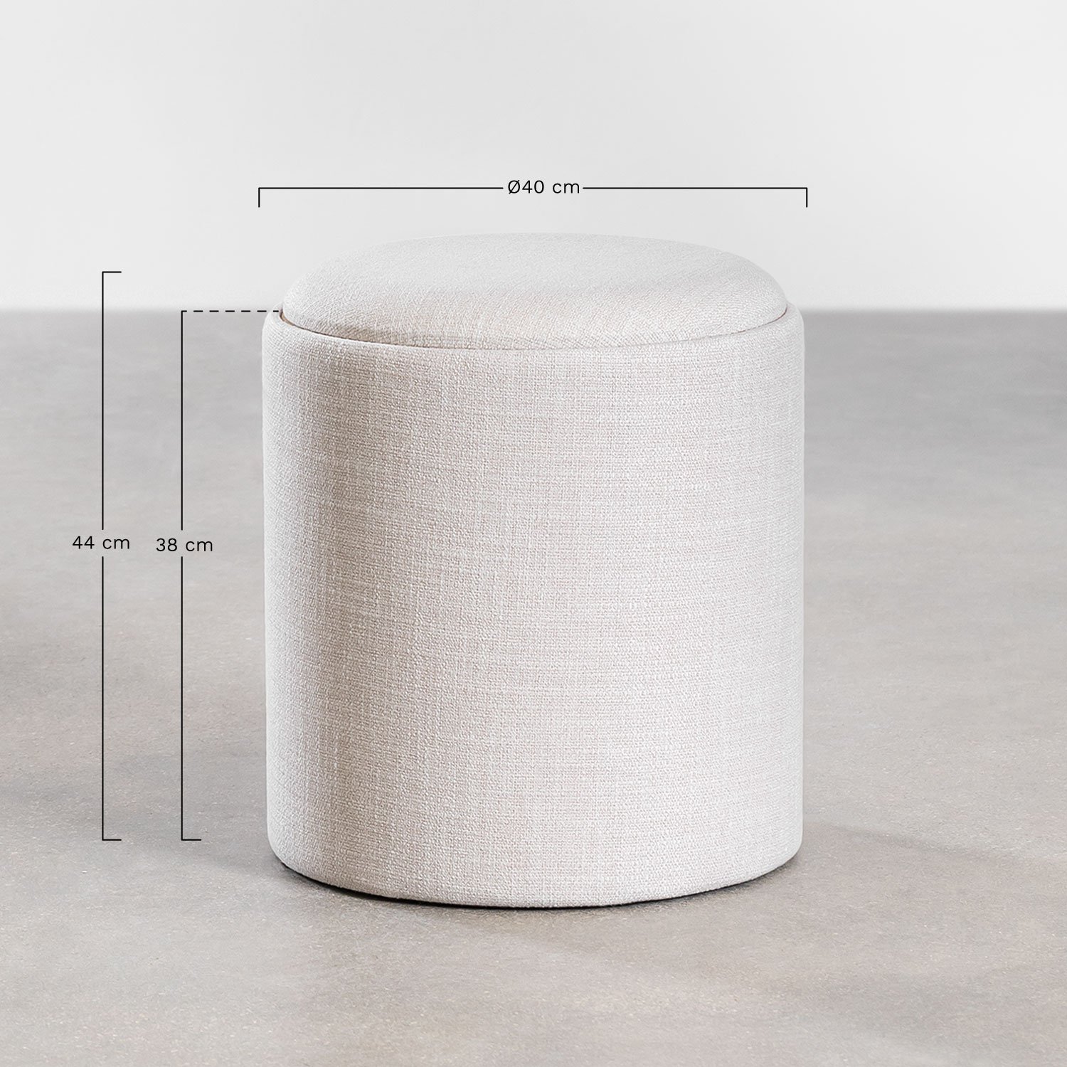 Pouf rond rembourré Berkeleni avec plateau et rangement, mesures