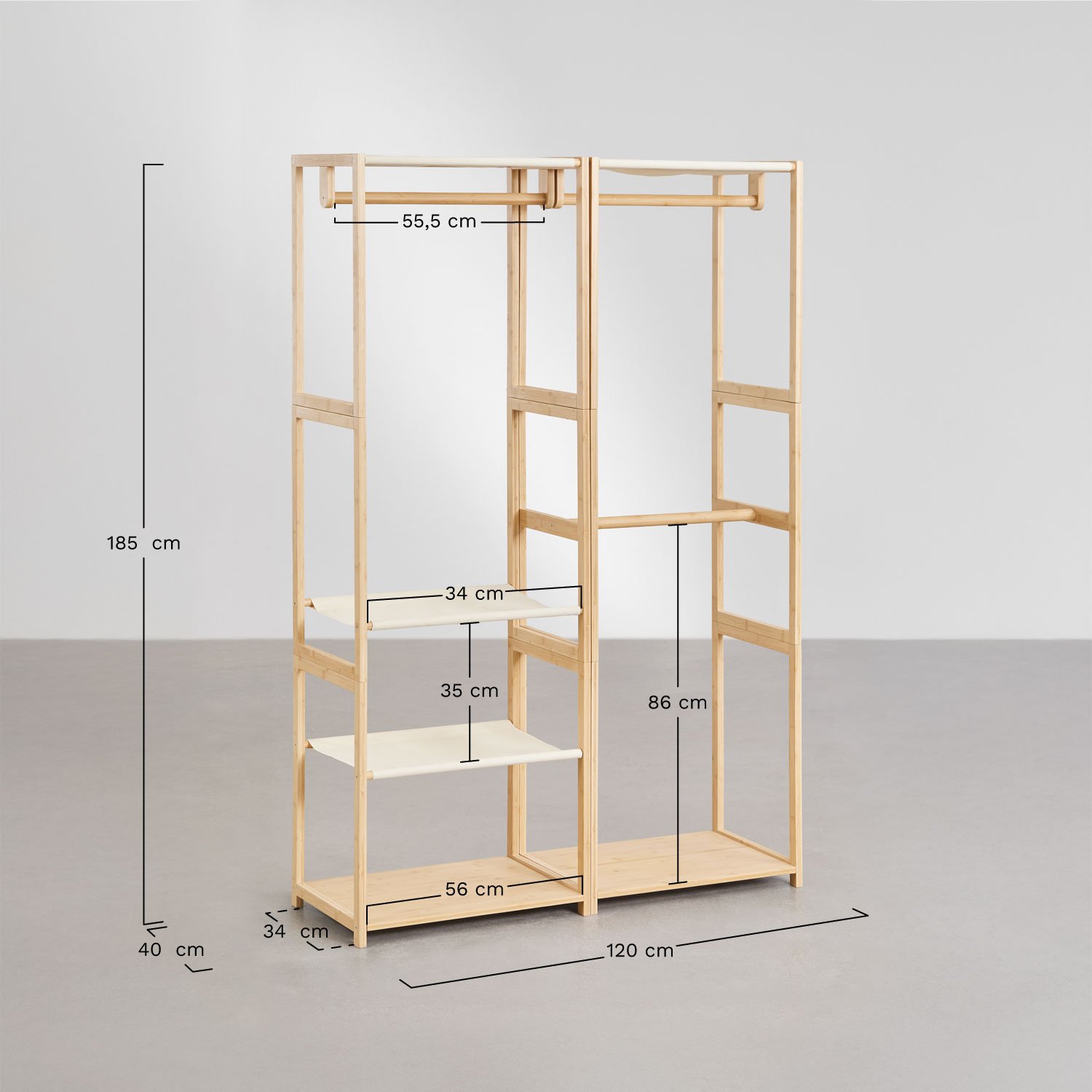 Armoire modulaire ouverte en bambou Deneb 2 pièces avec étagères et portant, mesures