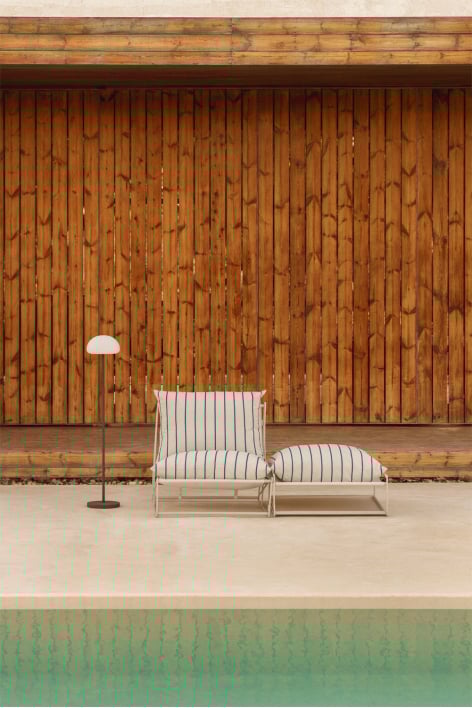 Ensemble de jardin avec fauteuil et pouf convertible Amaro - Tapioca Beige - Bleu Marin