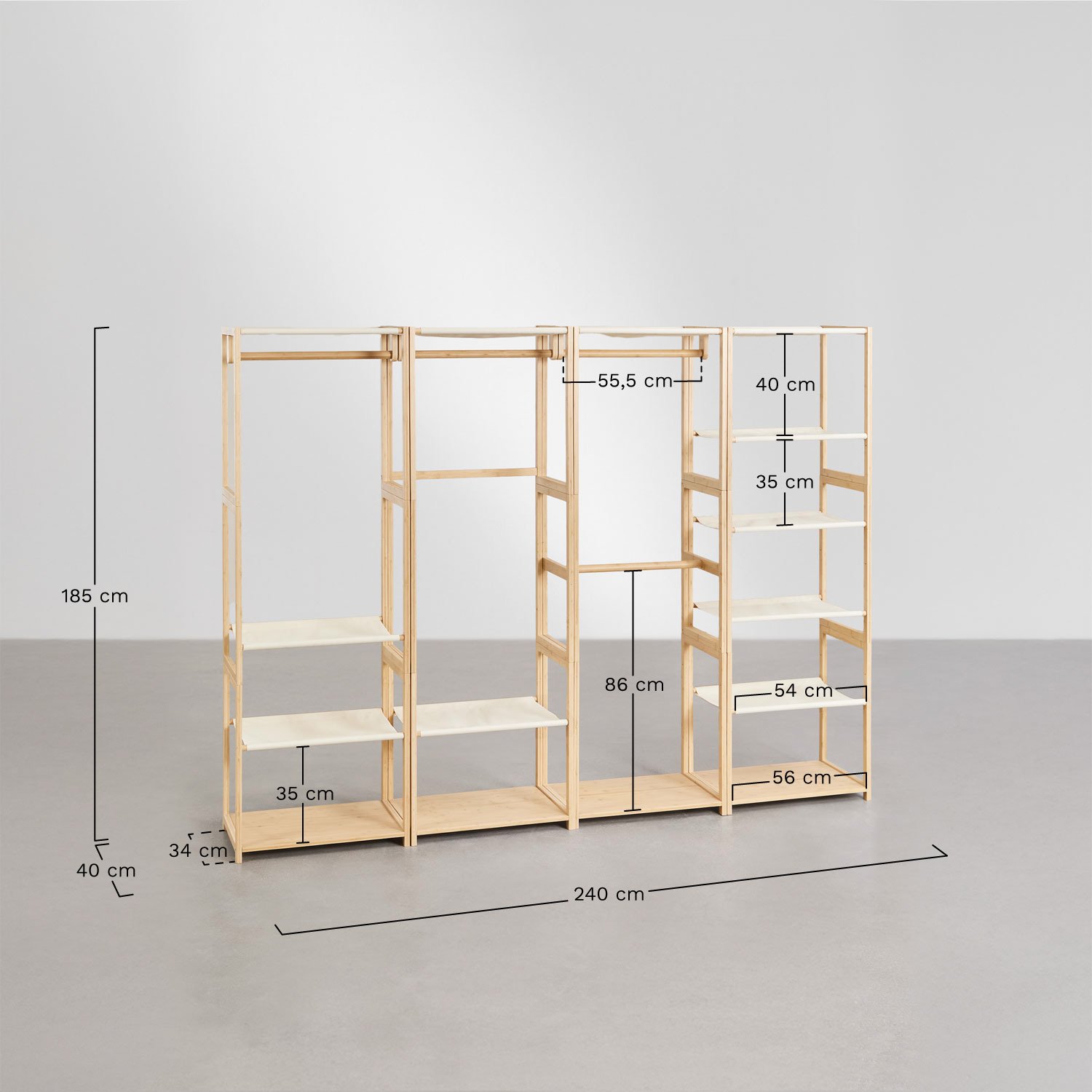 Armoire modulaire ouverte 4 pièces en bambou Deneb avec étagères et portant, mesures