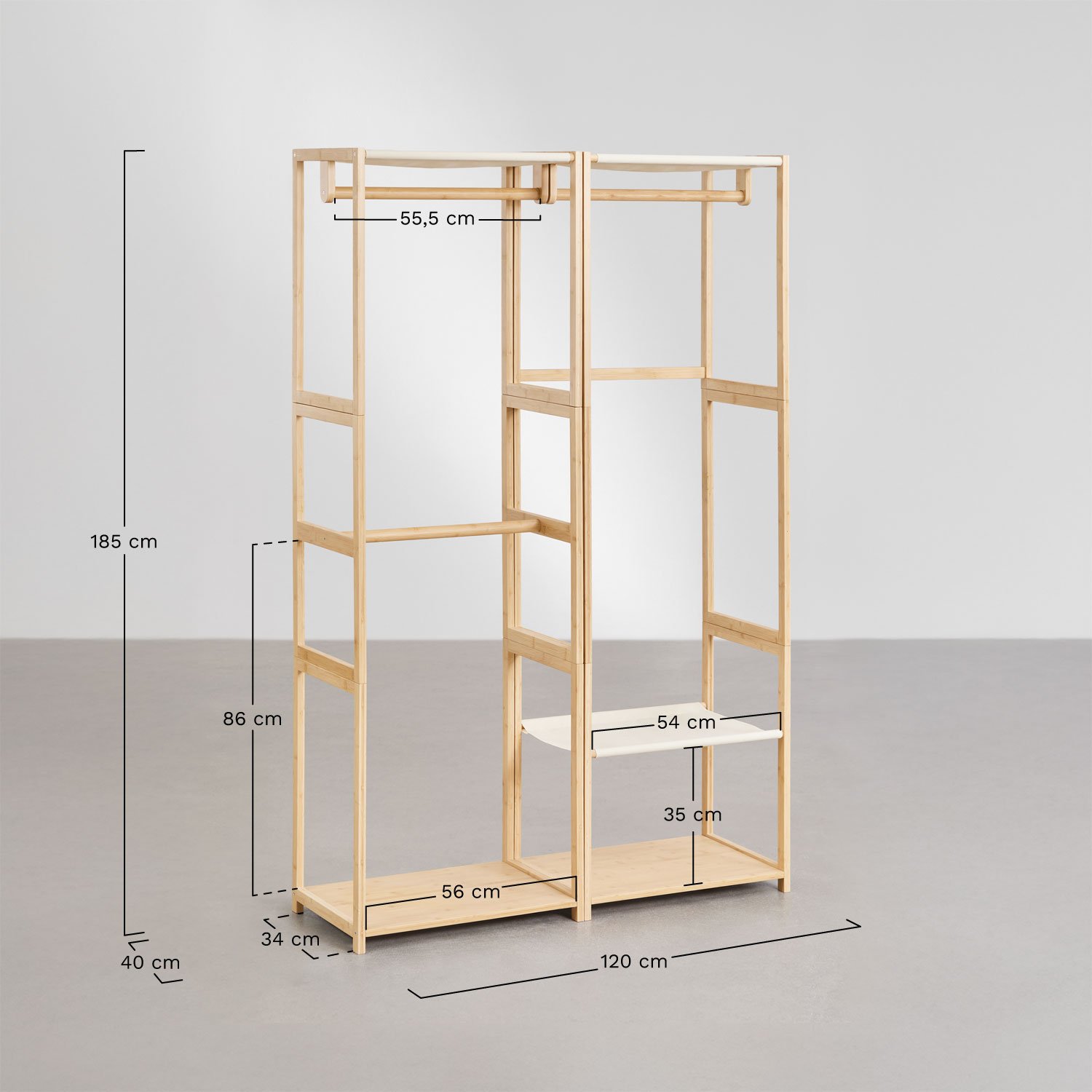 Armoire modulaire ouverte Deneb 2 pièces avec portant en bambou, mesures