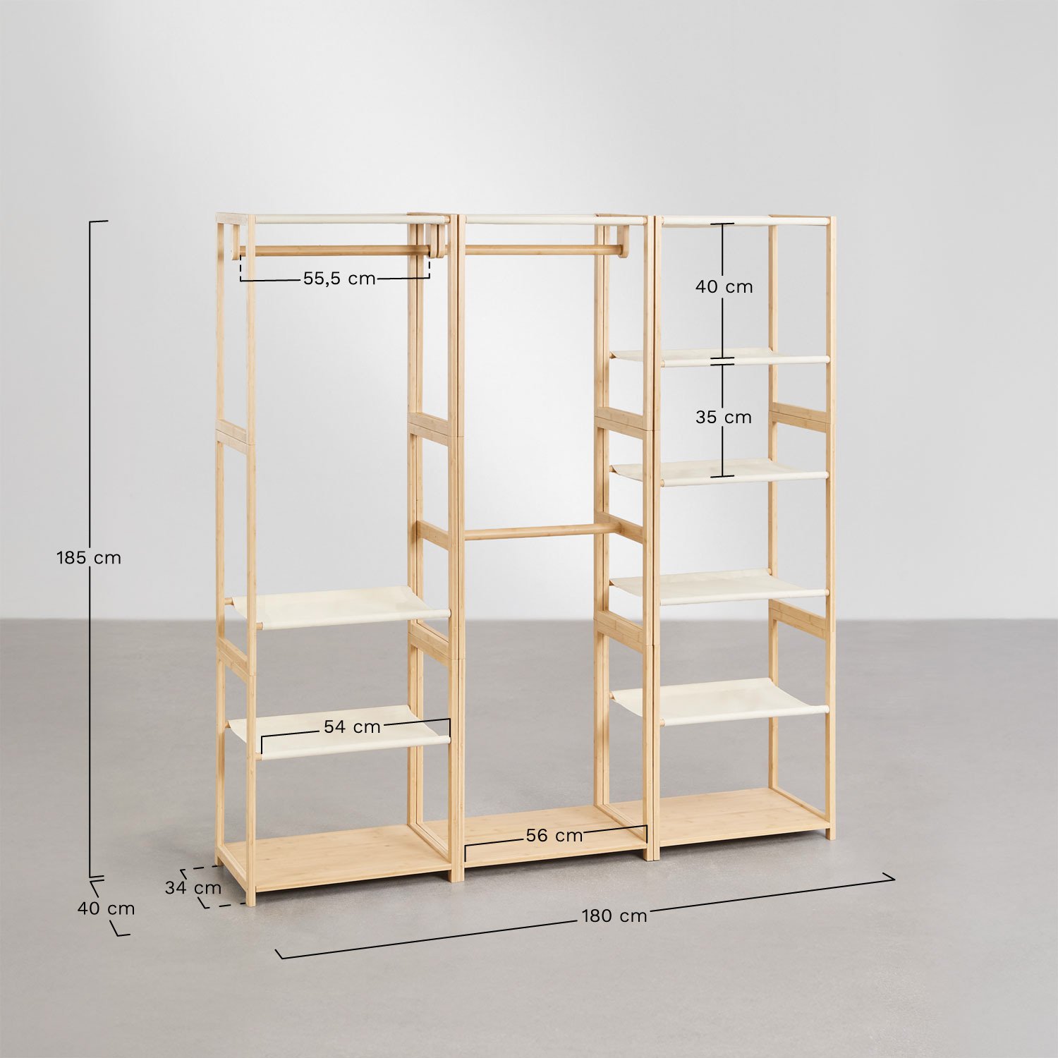 Armoire modulaire ouverte 3 pièces en bambou Deneb avec étagères et portant, mesures