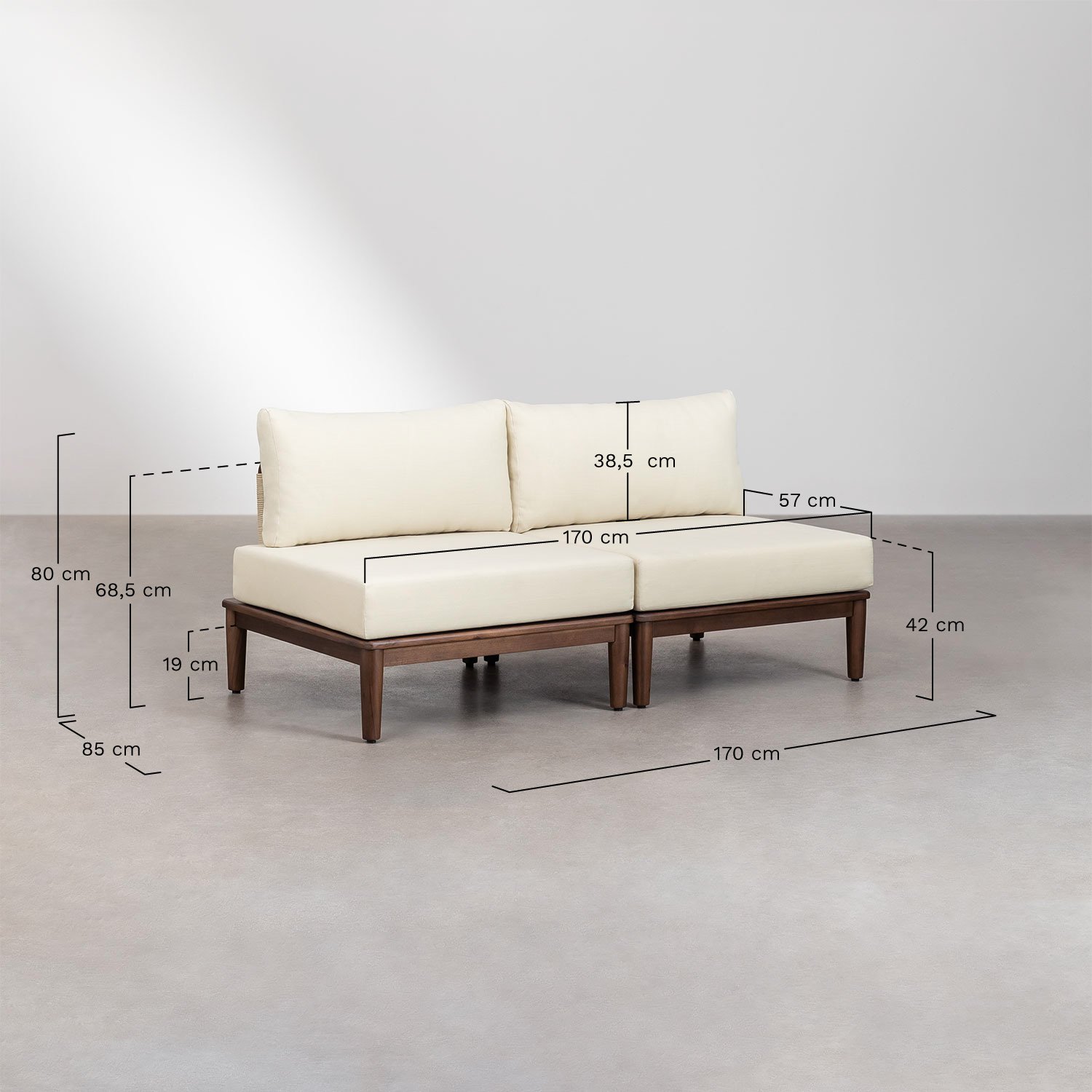 Canapé modulaire 2 pièces en acacia Giulia, mesures