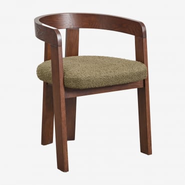 Chaise De Salle À Manger Rembourrée Yvone Avec Accoudoirs En Bois Bois Foncé & Bouclé Vert Sauge - Sklum