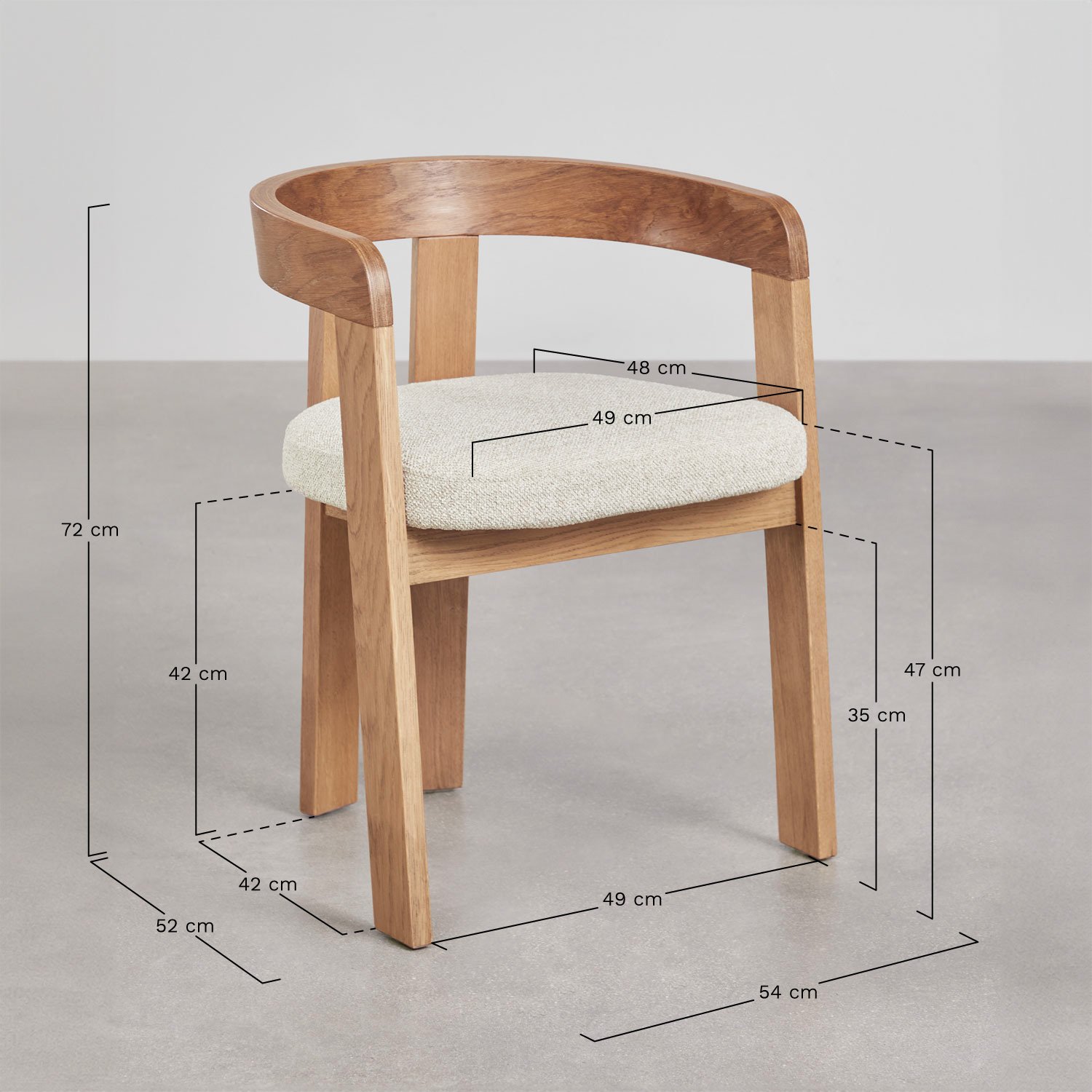 Chaise de salle à manger avec accoudoirs en bois et tapissée Yvone, mesures