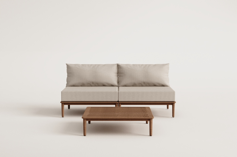 Ensemble de salon avec canapé modulaire 2 pièces et table basse en acacia Giulia