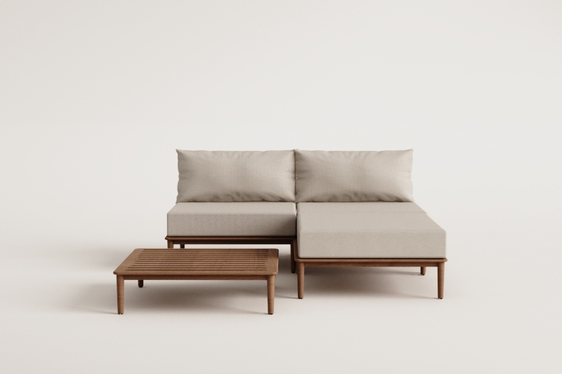 Ensemble de salon avec canapé modulaire 2 pièces, table basse et pouf en acacia Giulia
