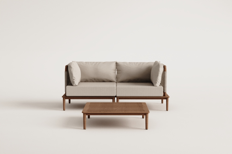 Ensemble de salon avec canapé modulaire de 2 pièces, 2 fauteuils d'angle et table basse en acacia Giulia