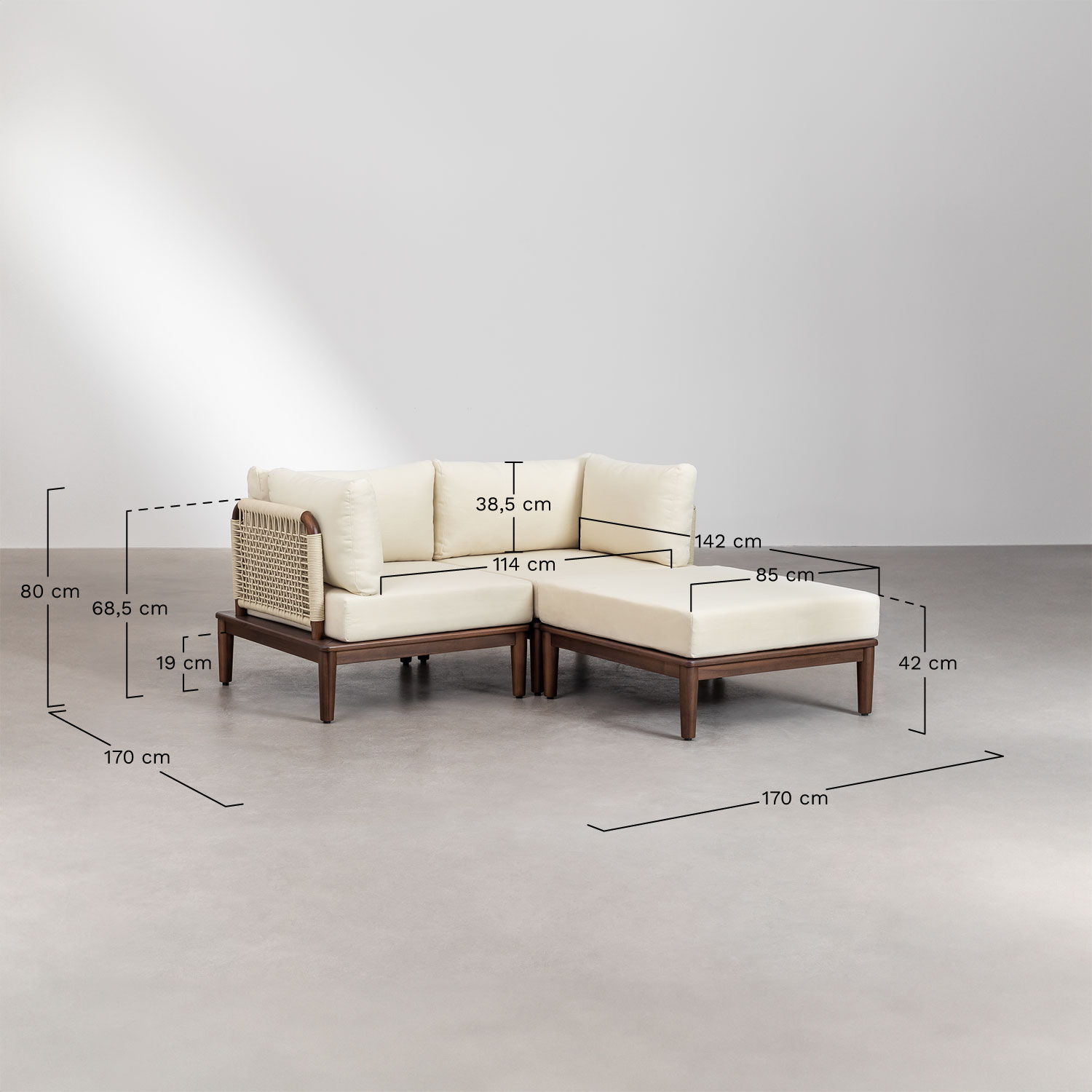 Ensemble de salon avec canapé modulaire de 2 pièces avec 2 fauteuils d'angle, table basse et pouf en acacia Giulia, mesures