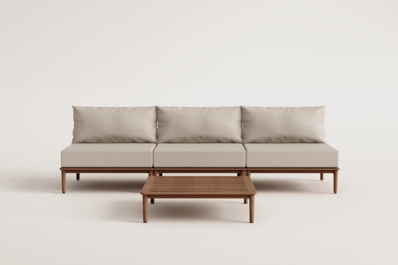 Ensemble de salon avec canapé modulaire 3 pièces et table basse en acacia Giulia